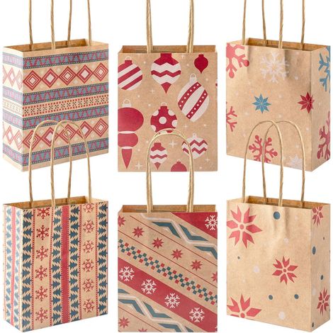 Lot de 24 sacs cadeaux de Noël en papier kraft avec poignées, sacs cadeaux de Noël réutilisables en papier pour emballer des cadeaux de Noël, des décorations de cadeaux géantes