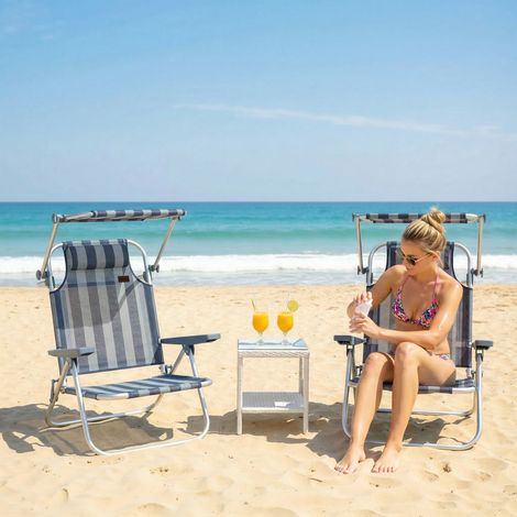 Ensemble 2 chaises plage pliantes baldaquin ajustable dossier inclinable 6 positions appuie-tête, bleu blanc
