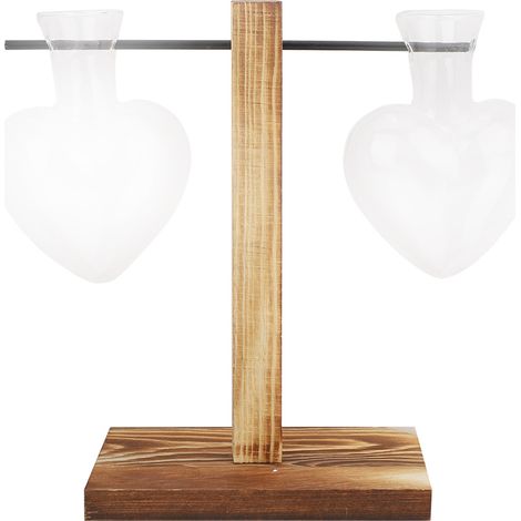 Vase en Verre avec Support Bois en Forme de Cœur pour Plantes Hydroponiques Déco de Bureau