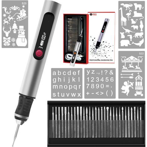 Stylo de gravure, outil portable sans fil ultime pour artistes et bricoleursGravez plus de 50 surfacesAdapté aux débutantsRechargeableXU,30 embouts, guide de maîtrise et pochoirs