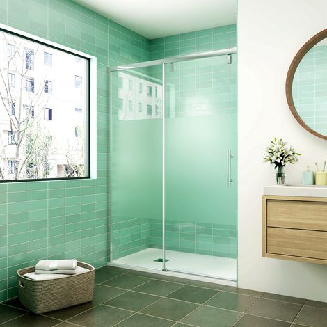 120x190cm Porta Doccia per Nicchia Apertura Scorrevole in Vetro Temperato 6 mm Anticalcare Fascia Satinata Centrale Profilo Cromo Lucido (1/5)