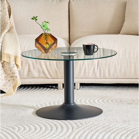 Tavolino rotondo in vetro temperato 70 cm, struttura in metallo nero, H 45 cm, OKWISH (1/5)