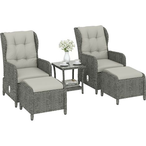 Outsunny Garden Furniture Set, Rattan Reclining Garden Chair Set, Cream