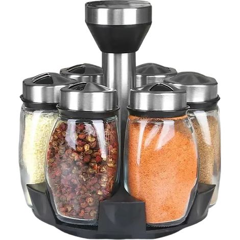 Ensemble de 7 pots à poivre et à sucre, support de rangement rotatif en verre pour la cuisine (1/5)