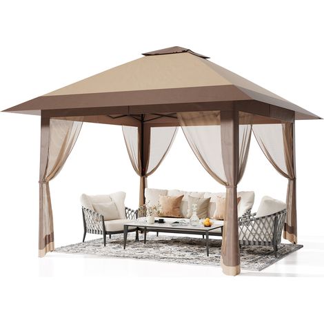 Tonnelle de jardin pliante 4 x 4 M, Pop Up Gazebo, Tente de Canopée, Moustiquaire, Rapide, 4 Sacs de Sable, Kaki foncé + kaki (1/5)