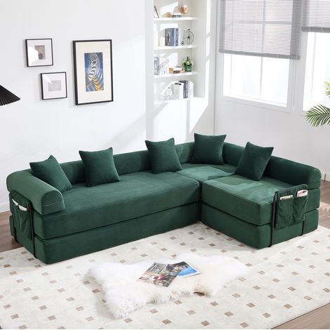 Sofá modular convertible de terciopelo acanalado verde esmeralda con bolsillo lateral, módulos combinables y relleno de espuma para salón y visitas – CHICFURN (1/5)