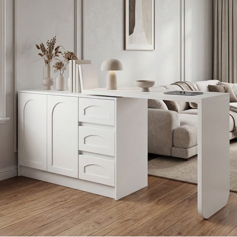 Bureau d’angle rotatif 360° blanc 110-170 cm avec meuble de rangement, 3 tiroirs et placard, MDF (1/5)