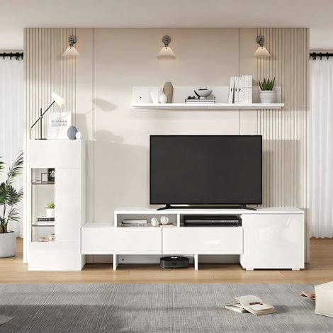 Meuble TV 3 pièces avec LED, meuble haut et bas, portes acrylique, cloison verre, pour écrans jusqu'à 70'', laqué, blanc (1/5)