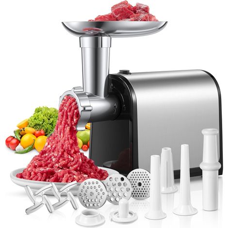 3 en 1 Hachoir à Viande Électrique Professionnel avec 3 Plaques Abrasives en Acier Inoxydable, 1 Kubbe et 3 tubes de Remplissage de Saucisses, 2000W Max