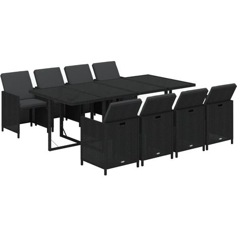 9 Piece Garden Dining Set with Cushions Poly Rattan Black vidaXL