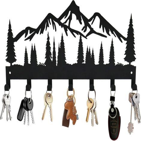 Llavero rústico de pared con diseño de montaña, ganchos de metal, 7 ganchos decorativos para entrada, pasillo, cocina u oficina (30 cm, bosque)