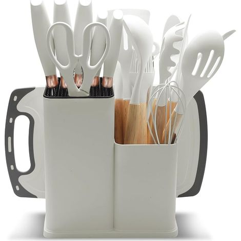 19-teiliges Küchenmesserset mit Silikon-Kochutensilien: 5 Messer, 12 antihaftbeschichtete Zubehörteile, 1 Schere, Schneidebrett und antihaftbeschichteter Kochständer (Weiß) (1/5)
