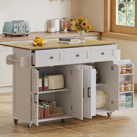 Îlot de cuisine 140x43(70)x90.5 cm blanc et naturel en MDF avec plateau rabattable, rangements multiples et roulettes freinées (1/5)