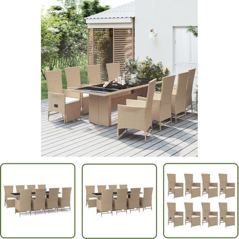 The Living Store 9-tlg. Garten-Essgruppe mit Kissen Beige Poly Rattan - Garten Möbel Set - Outdoor Essgruppe - Garten Esstisch - Gartenstühle - Lounge Sessel (1/5)