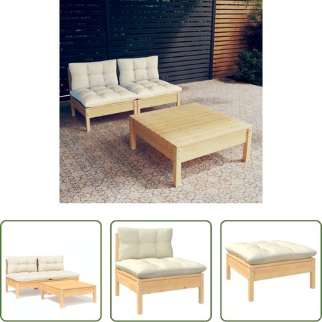Canapé extérieur - Salon de jardin 3 pcs avec coussins crème bois de pin (1/5)