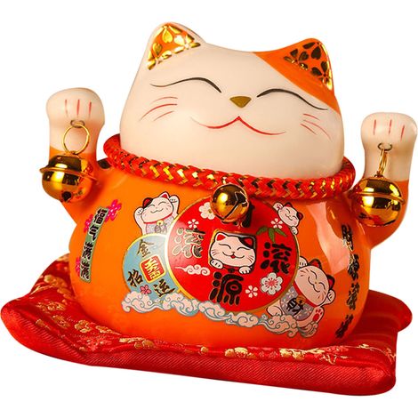 Tirelire Chat Porte-Bonheur 11,5cm Mignon Céramique Élégante Pot à Économies Décor Bureau Orange (1/5)