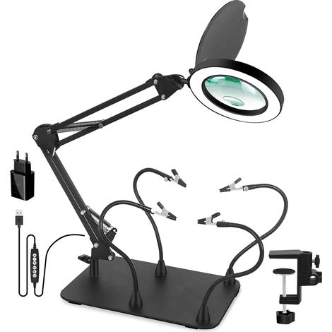 Lupa 2 en 1 con luz y soporte para soldar, lámpara de escritorio 10X con tercera mano, lupa para soldar, ideal para leer, reparar y hacer manualidades. (1/5)