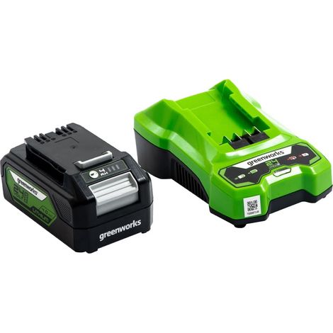Greenworks Batteria e Caricabatterie 24V - per Tutti gli Attrezzi da Giardino ed Elettroutensili 24V, Uscita 60W, Tempo di Ricarica 120 Minuti, Batteria agli Ioni di Litio 4Ah - G24B2 e G24UC (1/4)