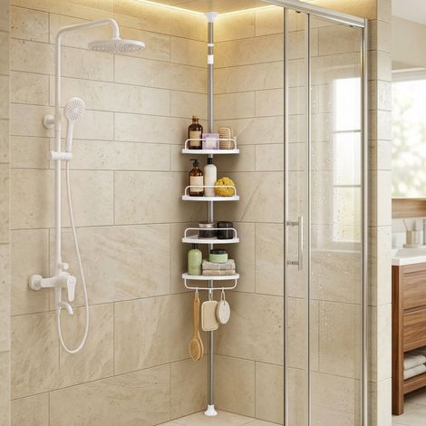 Étagère de Douche Télescopique, avec 4 Tablettes, 3 Crochets, Acier Inoxydable, Salle de bain, Blanc et Argent (1/5)