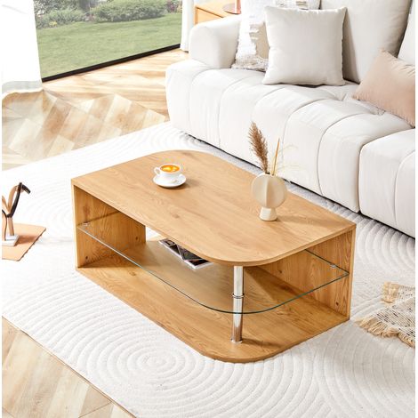 Moderner Couchtisch mit Stauraum 100 x 60 x 42 cm, Naturholz und Glas (1/5)