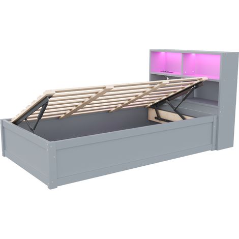 Cama multifuncional 90 x 200 cm con almacenaje, enchufe integrado y tira LED, madera gris (1/5)