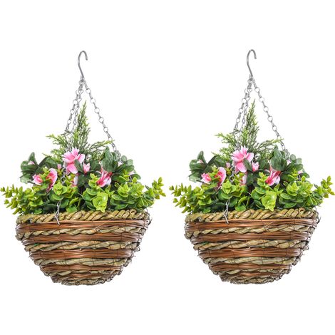 Set 2 Plantes Fintes Lisianthus Vaso Gancio PE Vimini Vert Rose Ø25x34 cm