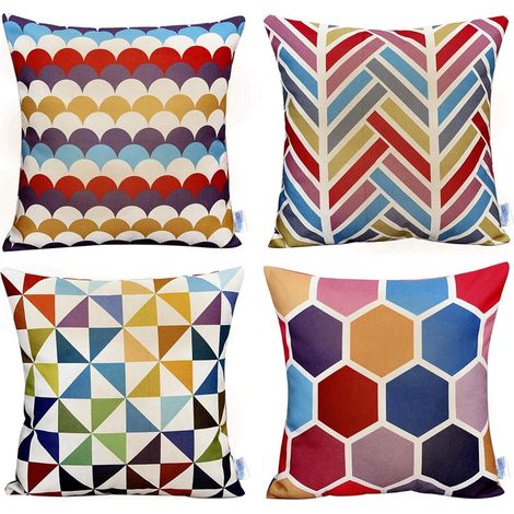 Set mit 4 dekorativen Kissenbezügen – Kissenhüllen – Bunte, geometrische Kissenbezüge – Dekorative Jute-Kissenbezüge – 45 x 45 cm – Geeignet für Wohnzimmer, Sofa und Bett (1/5)