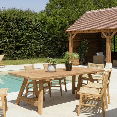 KALLY - Table à manger jardin 220cm bois teck recyclé pieds tréteaux (1/5)