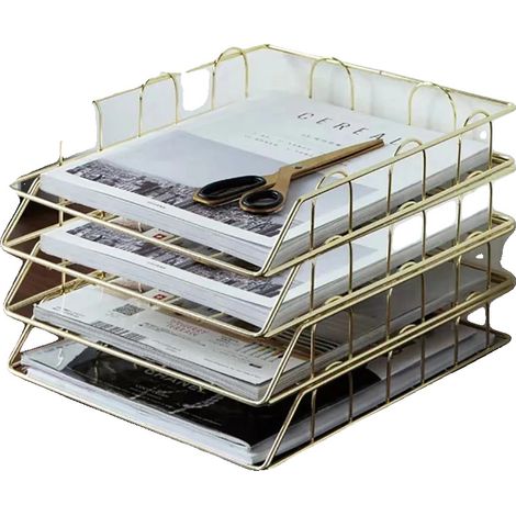 Cajón para documentos, construcción metálica duradera, diseño que ahorra espacio, color dorado. (1/2)