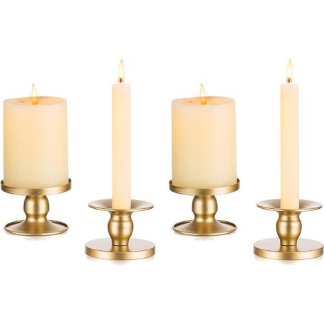 JSSEVN Candelabro de boda dorado - Juego de 4 pequeños candelabros decorativos de metal para velas cilíndricas, decoración navideña (1/4)