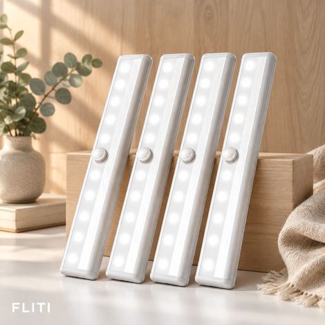 FLITI- Lampe LED Détecteur Mouvement Sans Fil – 4 Lampes Magnétiques Adhésives – Éclairage Automatique Placard Escalier – Aluminium 19cm (1/5)