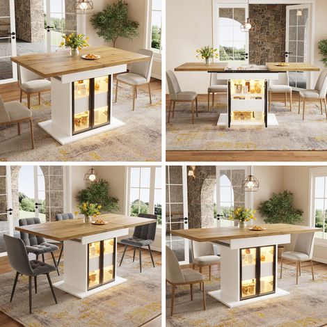 Table à manger extensible avec espace de rangement et éclairage LED RGB, 110-140 cm, portes coulissantes en verre et poignées cachées, blanc/noir, table à manger extensible, table de salle à manger (1/5)