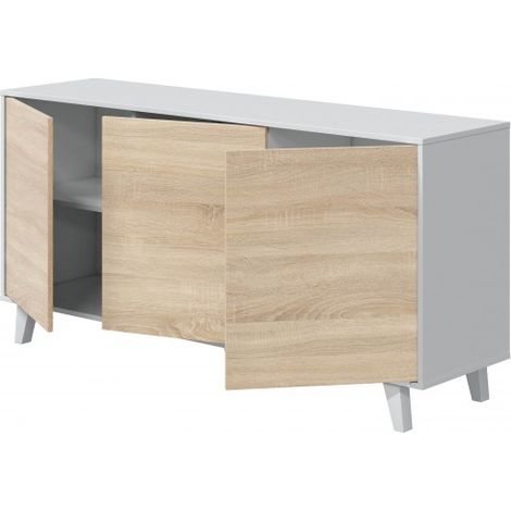 Buffet 154x41x75 cm blanc brillant et chêne canadien avec 3 portes – Pisa