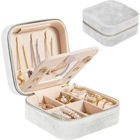 Schmuckkästchen aus weißem Samt – Schmuckkästchen für Damen, Aufbewahrungsbox mit Spiegel für Ohrringe, kleines Reiseetui (1/5)