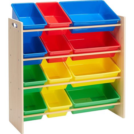 Rangement De Jouets Pour Enfants Avec 12 Bacs En Plastique, Bois Naturel Avec Bacs De Couleur, 27.7 X 85.3 X 79 Cm (1/5)