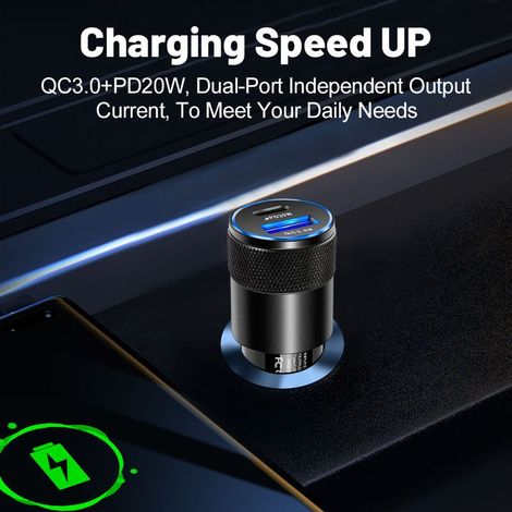 38W Car Charger, USB C PD Fast Charging 20W, USB A QC3.0 3.1A for iPhone 14/13/12/11/X/XS, Samsung S21/S20/S10/S9/S8, iPad Pro/Air, Airpods Pro - Black (1/4)