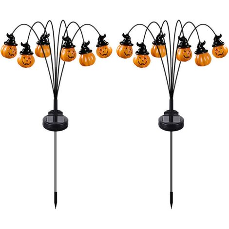 2PCS Guirlandes lumineuses d'Halloween d'extérieur, 2025, nouveau modèle à LED solaire, chapeau de sorcière, lanterne citrouille orange décorative et effrayante pour jardin, allée,ardin, fête (orange)