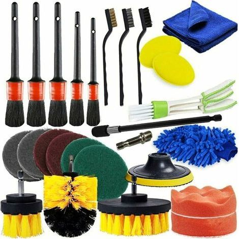 26 pièces Brosse de Nettoyage pour Perceuse, Brosse, roue et abrasif de perceuse, Kit Nettoyage Voiture Interieur, Brosse de Jantes, pour Surfaces de Salle de Bain, Sol, Baignoire, Auto (1/5)