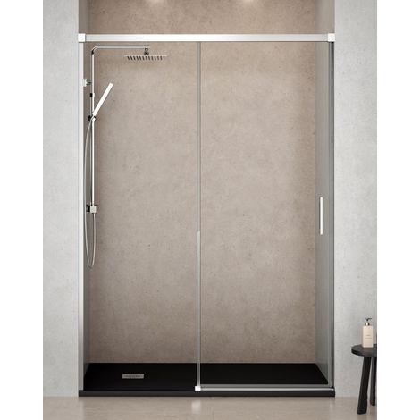 Mampara Ducha Frontal 1 puerta 1 fijo Corredera Vidrio Templado 6mm Antical Transparente Perfil Cromo Brillo 185 cm (Adaptable 179-184cm)