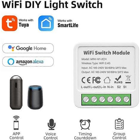 Interrupteur intelligent Tuya à 2 voies avec Wi-Fi. compatible avec Alexa et commande vocale à distance. (1/5)