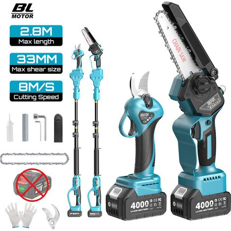 Seesii 3-en-1 – Ciseaux électriques sans fil 30 mm et tronçonneuse brushless 6 pouces avec perche télescopique 2,4 m