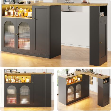 Tavolo da bar girevole a 360° (unità principale: 198 x 39,6 x 97 cm), mobile nero opaco con scrivania effetto legno, anta in vetro e luce LED, credenza, cantinetta per vini, angolo caffè.