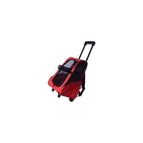 Sac de transport à roulettes pour chien 2 en 1 trolley chariot sac à dos pour chien chat avec poignée téléscopique, sacs de rangement, aérations, attache de sécurité, 42 x 25 x 55 cm, rouge