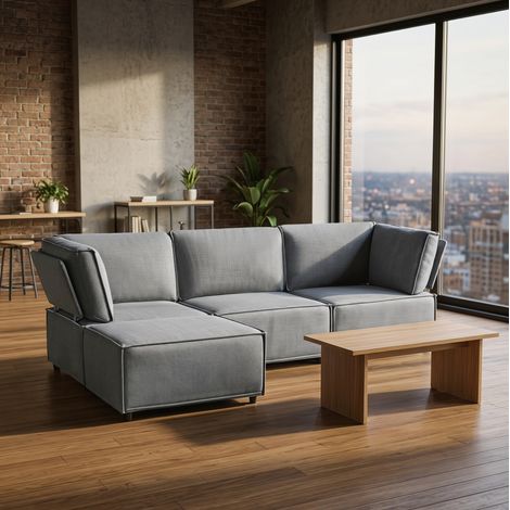 Modulares Ecksofa, umbaubar zum Bett, frei kombinierbar, Schaumstoff und Sperrholz, Hellgrau (1/5)