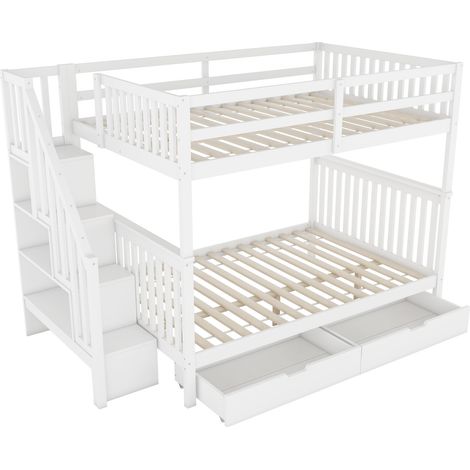 Letto a castello 140 x 200 cm con scala contenitore, 2 cassetti, pino e MDF, bianco, EN747-1 (1/5)