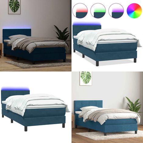 Cama box spring con colchón y LED terciopelo azul oscuro 80x220 cm - Colchón con muelles ensacados - Cama con luz LED