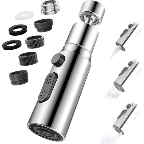Aérateur de Robinet, 360° Pivotant Embout Robinet Cuisine avec 3 Modes Douchette Mousseur Robinet Economie Eau, Adaptateur Economiseur D'eau Pour Robinet Salle De Bain lavabo (Argent) (1/5)