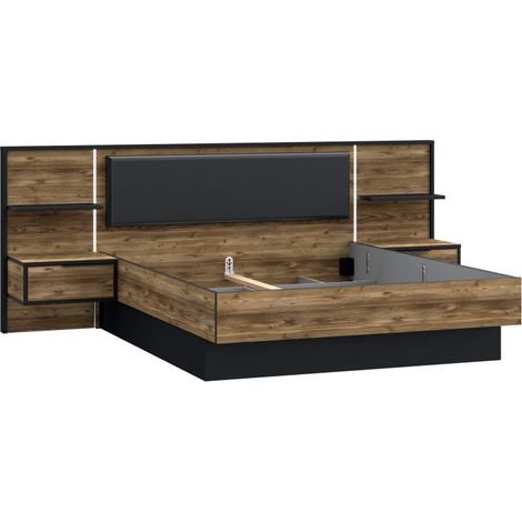 Lit 160 x 200 cm avec éclairage LED – Décor bois épicéa et noir – Hauteur sommier ajustable – Tables de chevet intégrées – Meubletmoi (1/5)
