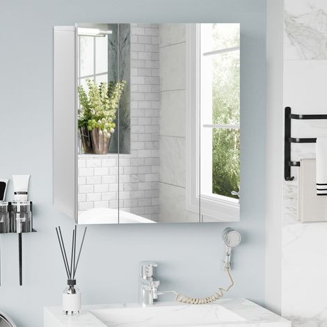 Meuble de salle de bain avec miroir, meuble mural pour salle de bain avec 3 portes et étagères internes ajustables 70x15x60 cm blanc