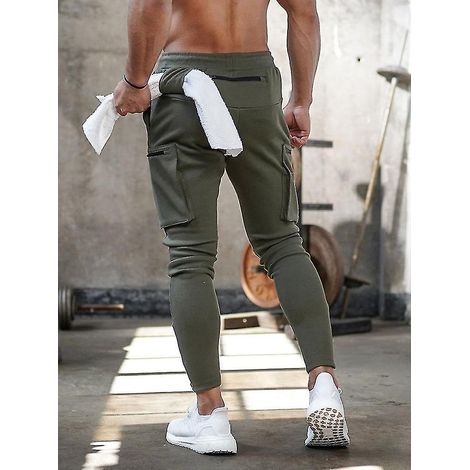 Pantalon cargo de sport européen/américain pour homme, camouflage, idéal pour le fitness, la course et l'entraînement. Fermeture éclair tendance. Taille XL, gris foncé. (1/3)